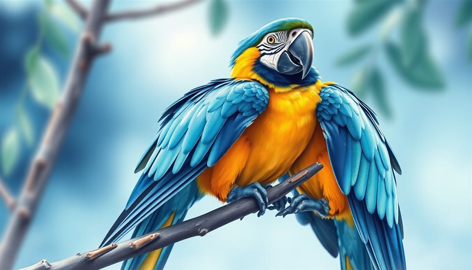 Watercolor illustration of A vibrant tropical macaw with bright blue and yellow feathers perched gracefully on a tree branch., close-up detail with shallow depth of field, cool blue tones, quiet atmosphere, 16:9 aspect ratio