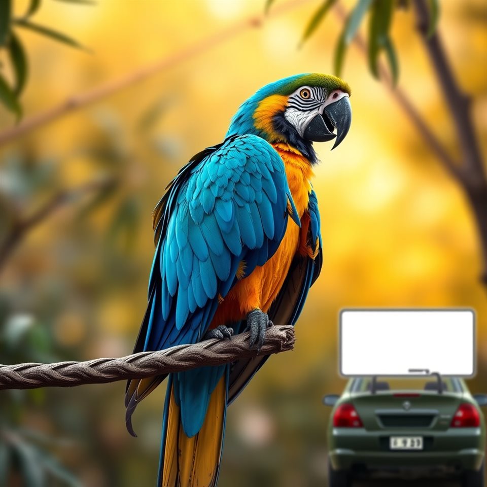 Photorealistic photo of A vibrant tropical macaw with bright blue and yellow feathers perched gracefully on a tree branch., wide shot with open space at the top for text, warm golden light, calm mood, 1:1 aspect ratio