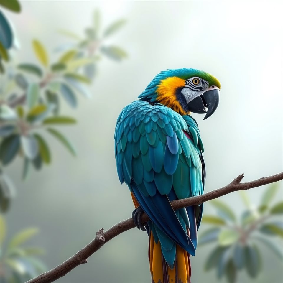 Soft 3D render of A vibrant tropical macaw with bright blue and yellow feathers perched gracefully on a tree branch., wide shot with open space at the top for text, misty morning haze, dreamy, 1:1 aspect ratio