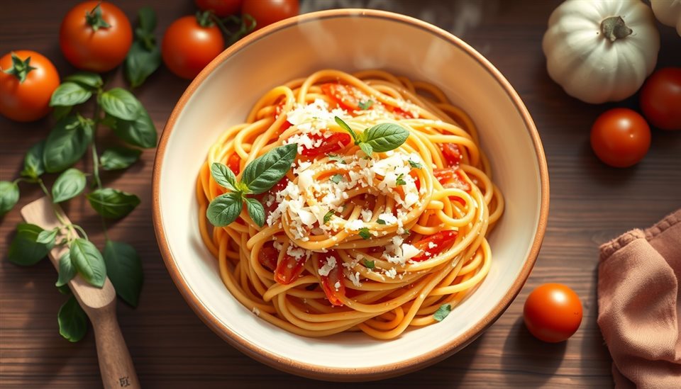 Minimal flat illustration of A steaming ceramic bowl of freshly made tomato basil pasta garnished with grated parmesan cheese and fresh herbs., high-angle view from above, soft pastel colors, bright and cozy, 16:9 aspect ratio