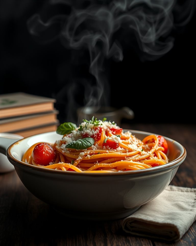 Photorealistic photo of A steaming ceramic bowl of freshly made tomato basil pasta garnished with grated parmesan cheese and fresh herbs., wide shot with open space at the top for text, moody dark tones, dramatic lighting, 4:5 aspect ratio