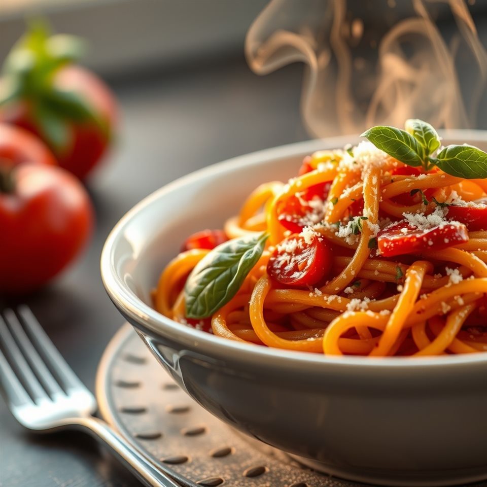 Photorealistic photo of A steaming ceramic bowl of freshly made tomato basil pasta garnished with grated parmesan cheese and fresh herbs., close-up detail with shallow depth of field, warm golden light, calm mood, 1:1 aspect ratio