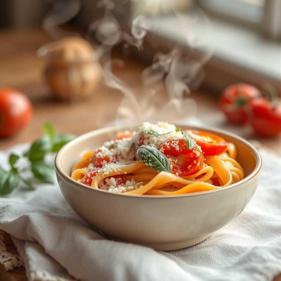 Soft 3D render of A steaming ceramic bowl of freshly made tomato basil pasta garnished with grated parmesan cheese and fresh herbs., close-up detail with shallow depth of field, misty morning haze, dreamy, 1:1 aspect ratio