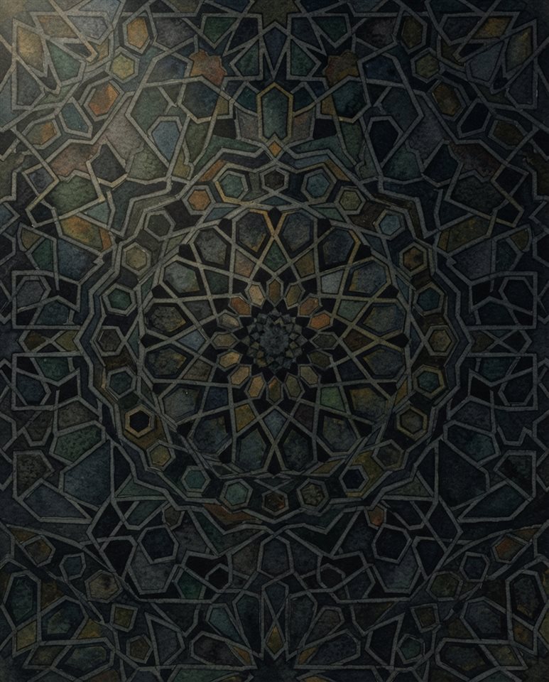 Watercolor illustration of seamless geometric pattern, centered subject with a simple uncluttered composition, moody dark tones, dramatic lighting, 4:5 aspect ratio