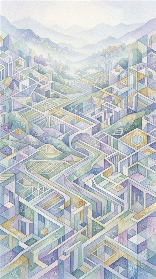 Watercolor illustration of seamless geometric pattern, high-angle view from above, misty morning haze, dreamy, 9:16 aspect ratio