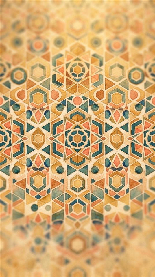 Watercolor illustration of seamless geometric pattern, close-up detail with shallow depth of field, warm golden light, calm mood, 9:16 aspect ratio