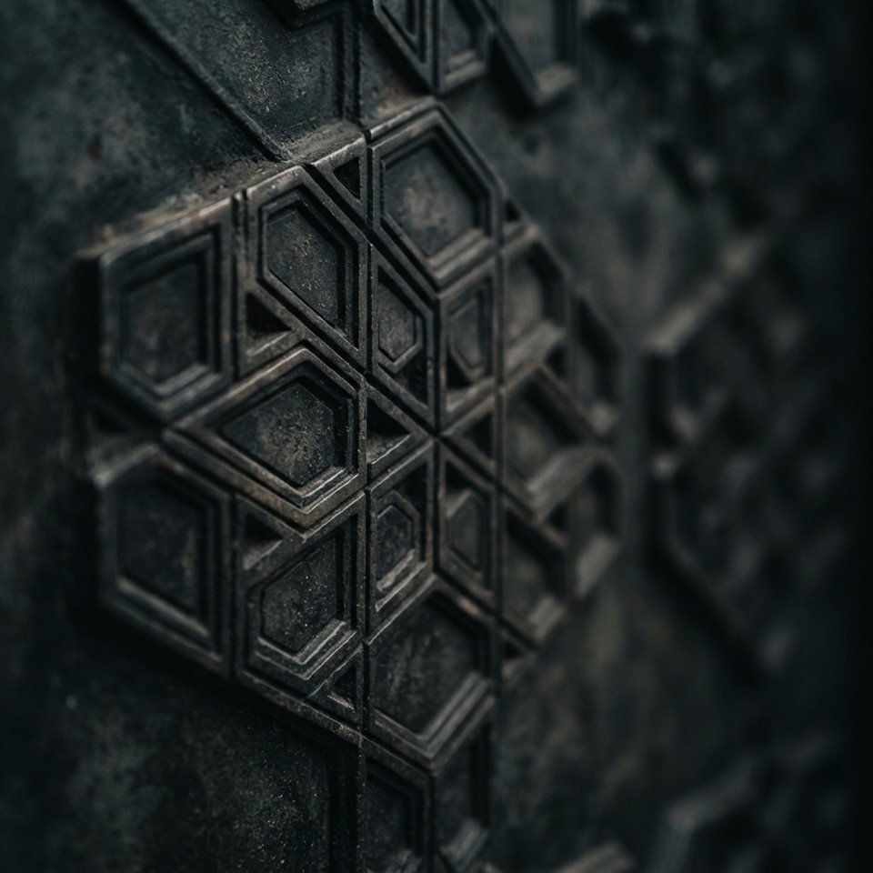 Photorealistic photo of seamless geometric pattern, close-up detail with shallow depth of field, moody dark tones, dramatic lighting, 1:1 aspect ratio