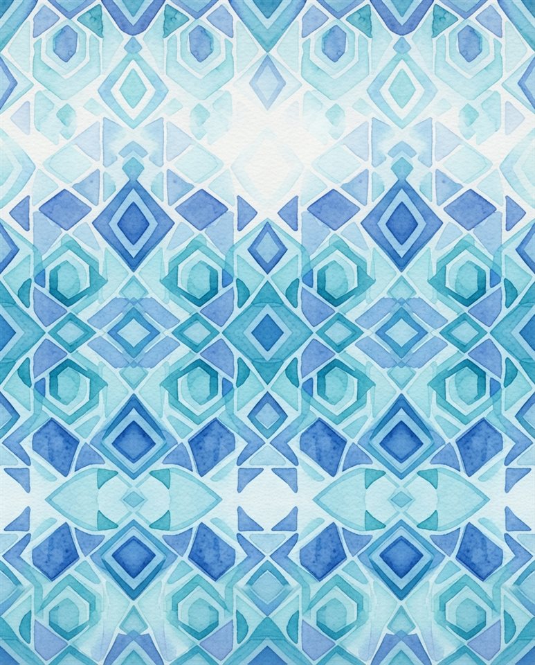 Watercolor illustration of seamless geometric pattern, wide shot with open space at the top for text, cool blue tones, quiet atmosphere, 4:5 aspect ratio