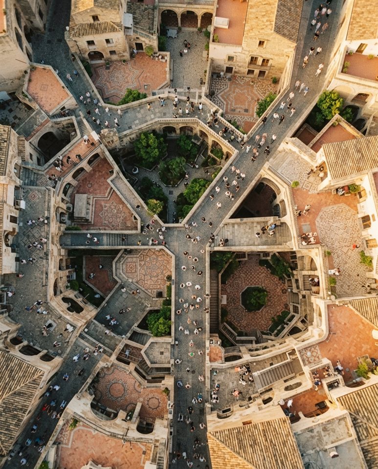 Cinematic film still of seamless geometric pattern, high-angle view from above, warm golden light, calm mood, 4:5 aspect ratio