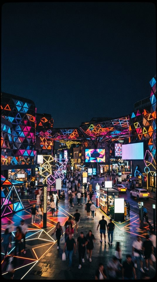 Cinematic film still of seamless geometric pattern, wide shot with open space at the top for text, vivid colors, high contrast, energetic, 9:16 aspect ratio
