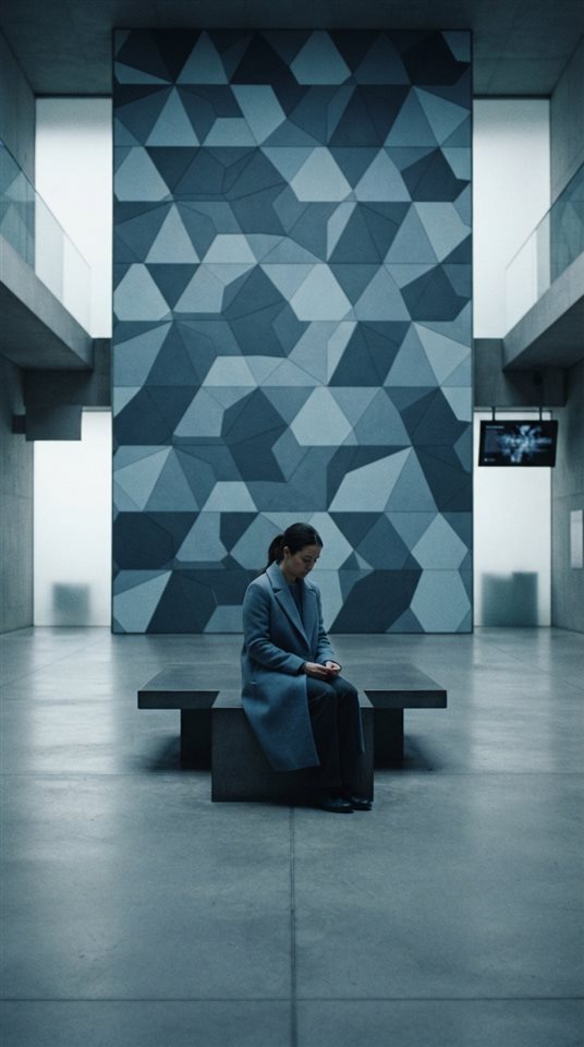 Cinematic film still of seamless geometric pattern, centered subject with a simple uncluttered composition, cool blue tones, quiet atmosphere, 9:16 aspect ratio