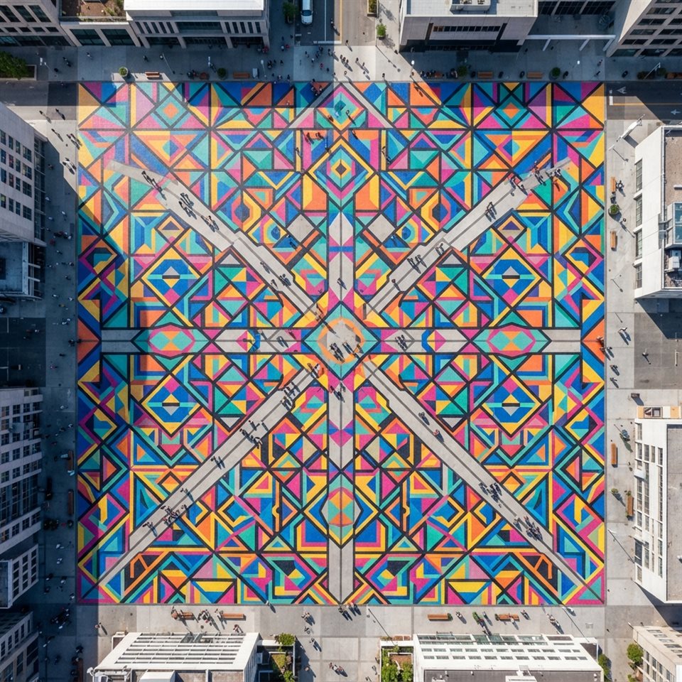 Photorealistic photo of seamless geometric pattern, high-angle view from above, vivid colors, high contrast, energetic, 1:1 aspect ratio