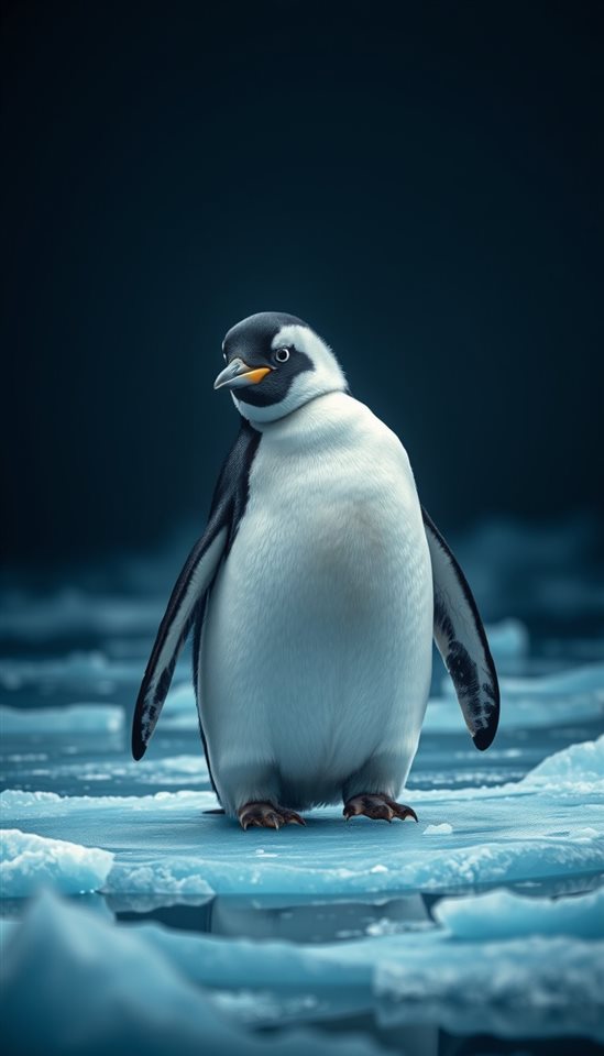 Photorealistic photo of A cute black and white penguin standing gracefully on a sheet of blue glacial ice, wide shot with open space at the top for text, moody dark tones, dramatic lighting, 9:16 aspect ratio