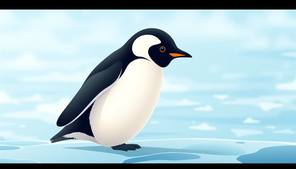 Minimal flat illustration of A cute black and white penguin standing gracefully on a sheet of blue glacial ice, close-up detail with shallow depth of field, soft pastel colors, bright and cozy, 16:9 aspect ratio