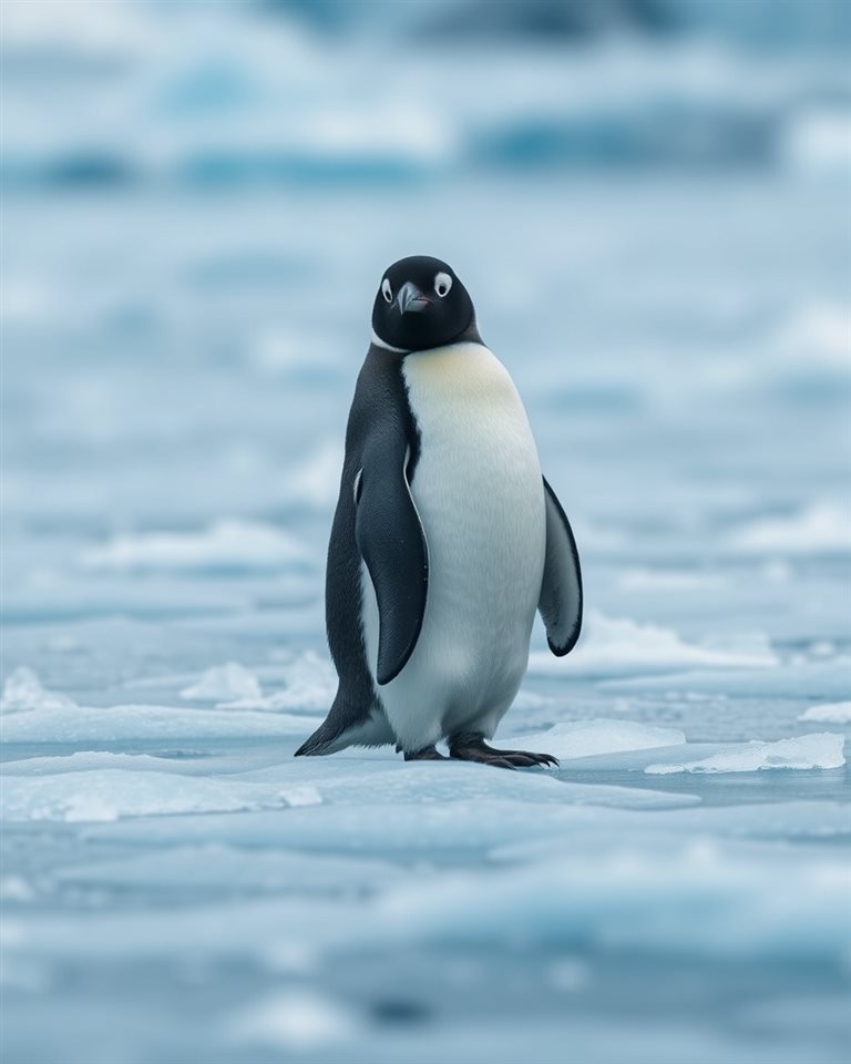 Cinematic film still of A cute black and white penguin standing gracefully on a sheet of blue glacial ice, centered subject with a simple uncluttered composition, vivid colors, high contrast, energetic, 4:5 aspect ratio