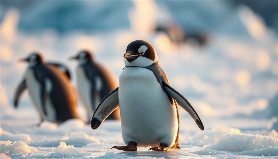 Photorealistic photo of A cute black and white penguin standing gracefully on a sheet of blue glacial ice, close-up detail with shallow depth of field, warm golden light, calm mood, 16:9 aspect ratio