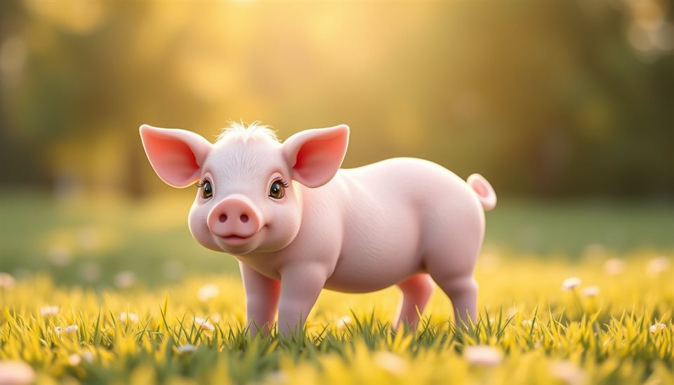 Soft 3D render of A cute pink pig standing in a clean green meadow under warm sunlight, close-up detail with shallow depth of field, misty morning haze, dreamy, 16:9 aspect ratio