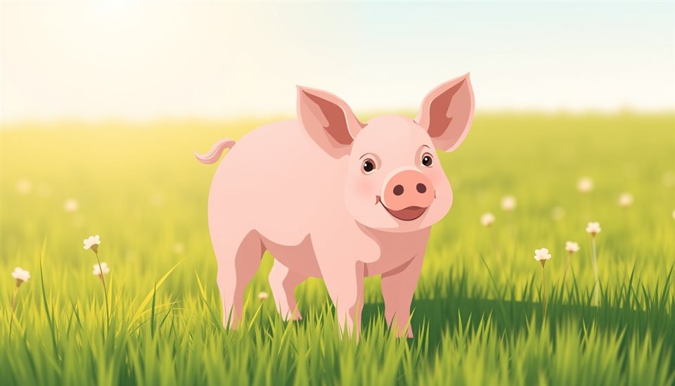 Minimal flat illustration of A cute pink pig standing in a clean green meadow under warm sunlight, close-up detail with shallow depth of field, soft pastel colors, bright and cozy, 16:9 aspect ratio
