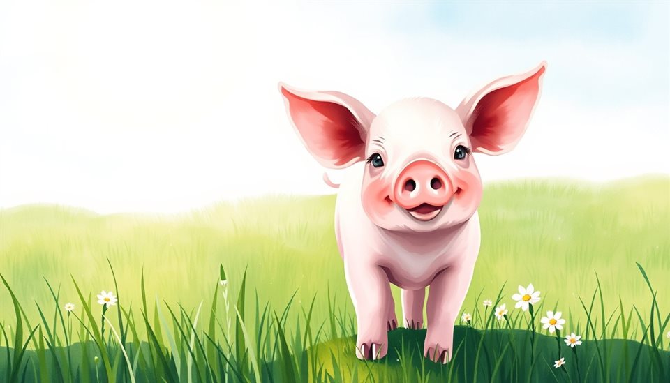 Watercolor illustration of A cute pink pig standing in a clean green meadow under warm sunlight, wide shot with open space at the top for text, cool blue tones, quiet atmosphere, 16:9 aspect ratio