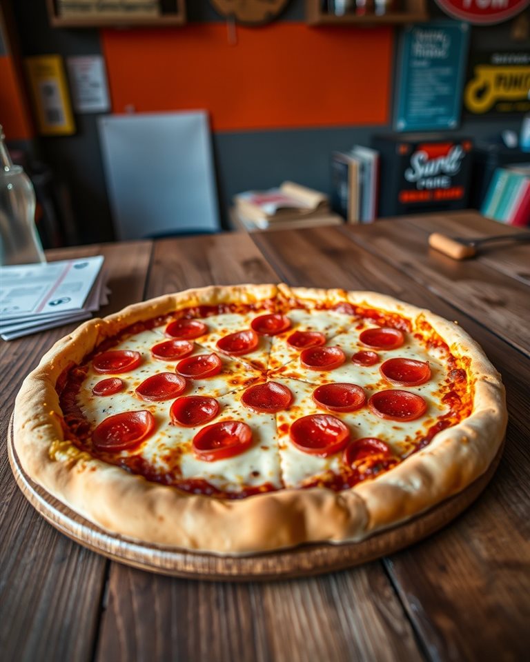 Cinematic film still of A freshly baked pepperoni pizza with melted cheese and a crispy crust on a wooden table., wide shot with open space at the top for text, vivid colors, high contrast, energetic, 4:5 aspect ratio