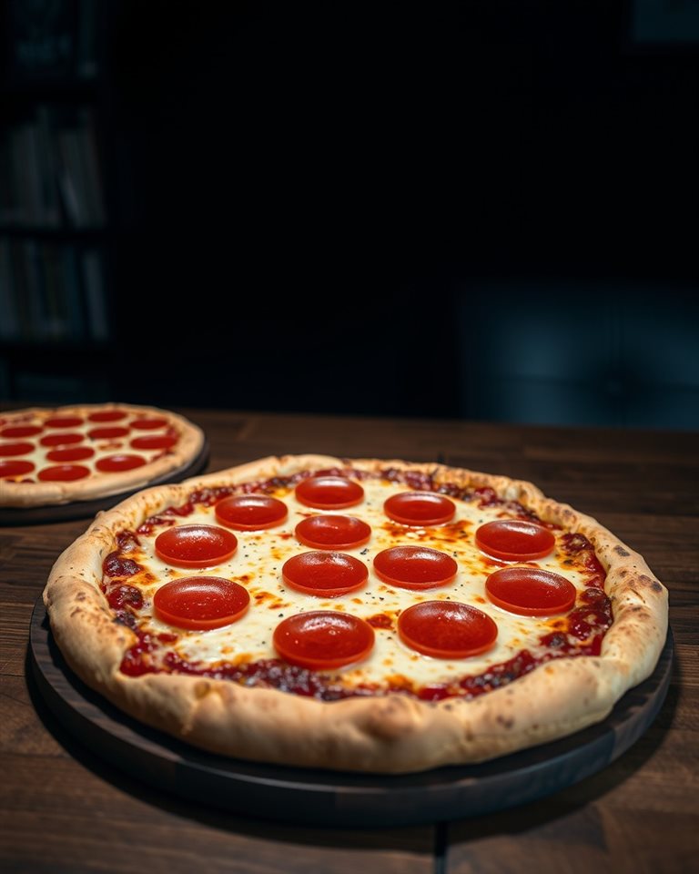 Photorealistic photo of A freshly baked pepperoni pizza with melted cheese and a crispy crust on a wooden table., wide shot with open space at the top for text, moody dark tones, dramatic lighting, 4:5 aspect ratio