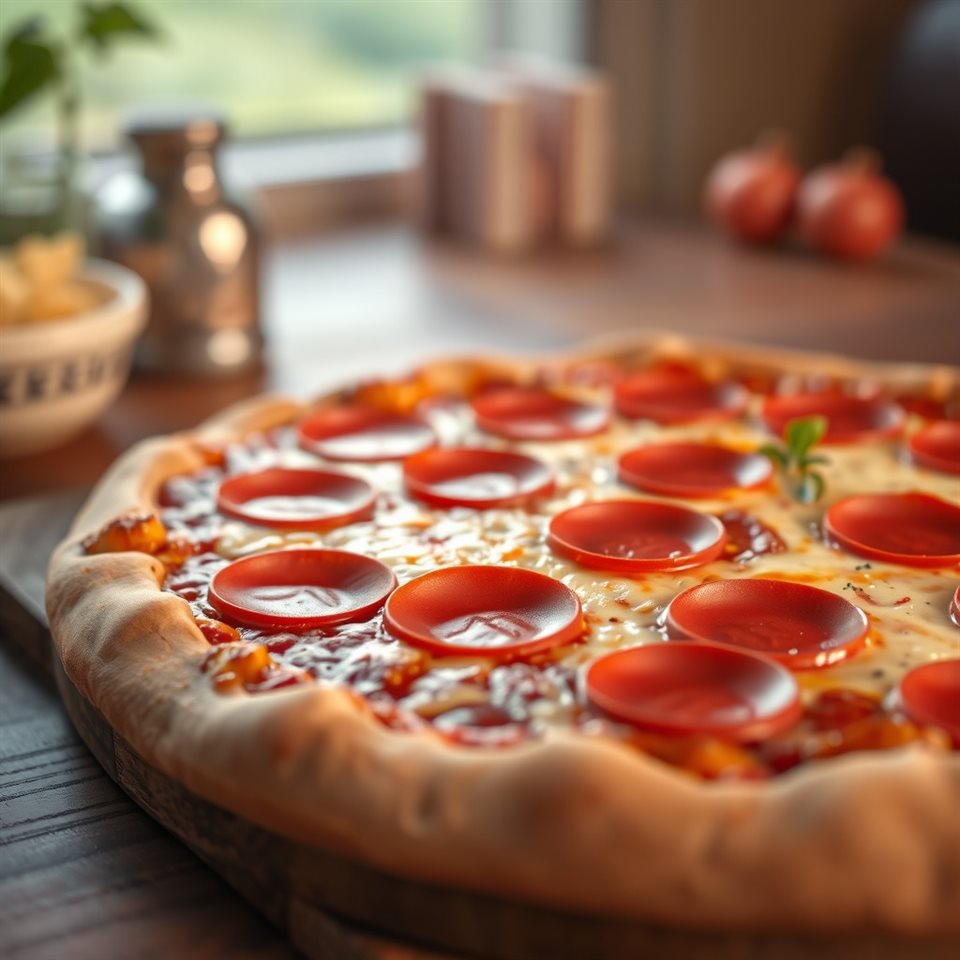 Soft 3D render of A freshly baked pepperoni pizza with melted cheese and a crispy crust on a wooden table., close-up detail with shallow depth of field, misty morning haze, dreamy, 1:1 aspect ratio