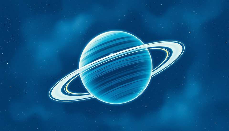 Watercolor illustration of A majestic gas giant planet with glowing rings floating in the deep starry cosmos, wide shot with open space at the top for text, cool blue tones, quiet atmosphere, 16:9 aspect ratio