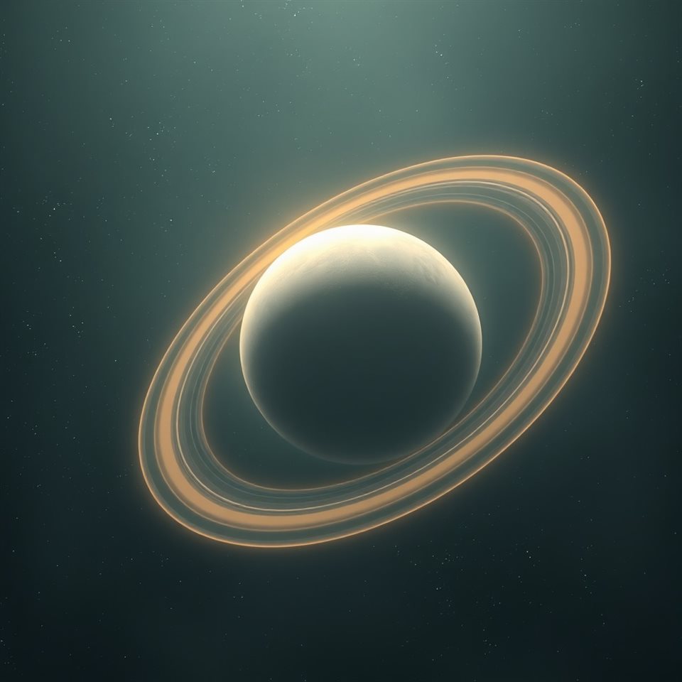 Soft 3D render of A majestic gas giant planet with glowing rings floating in the deep starry cosmos, high-angle view from above, misty morning haze, dreamy, 1:1 aspect ratio