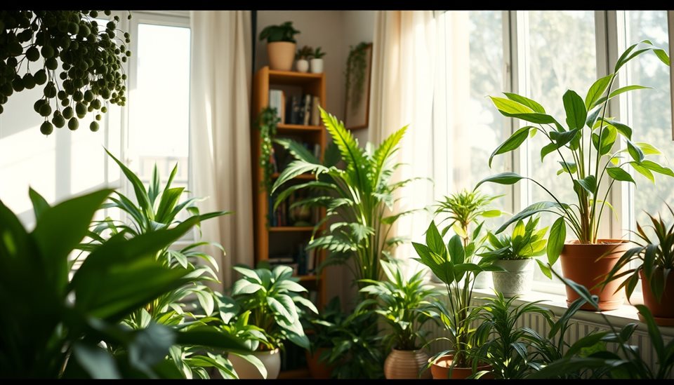 Cinematic film still of A bright living room corner filled with various potted green plants and natural sunlight, close-up detail with shallow depth of field, vivid colors, high contrast, energetic, 16:9 aspect ratio