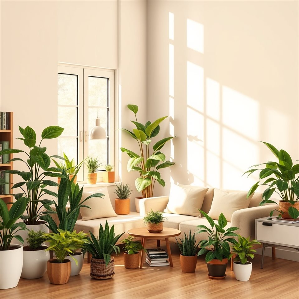 Photorealistic photo of A bright living room corner filled with various potted green plants and natural sunlight, wide shot with open space at the top for text, warm golden light, calm mood, 1:1 aspect ratio