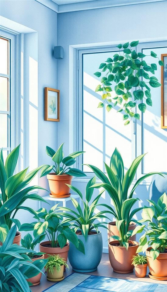 Watercolor illustration of A bright living room corner filled with various potted green plants and natural sunlight, close-up detail with shallow depth of field, cool blue tones, quiet atmosphere, 9:16 aspect ratio