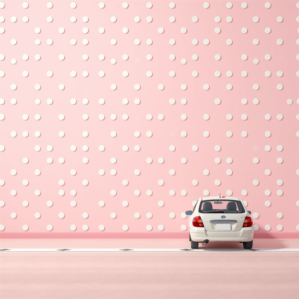 Soft 3D render of A seamless retro pattern of playful white polka dots evenly spaced on a pastel pink background., wide shot with open space at the top for text, misty morning haze, dreamy, 1:1 aspect ratio