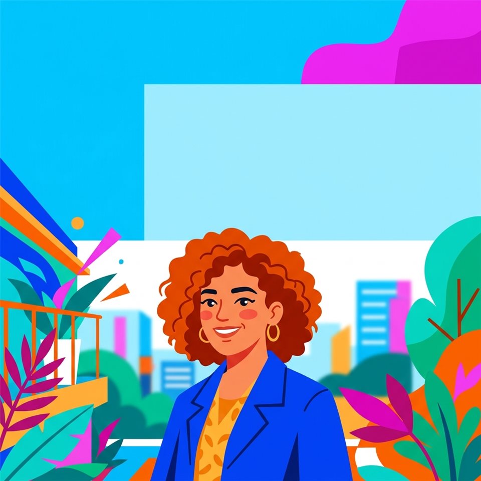 Ilustración plana minimalista de retrato de una persona ficticia con una expresión natural, plano general con espacio abierto en la parte superior para texto, colores vivos, alto contraste, enérgico, relación de aspecto 1:1