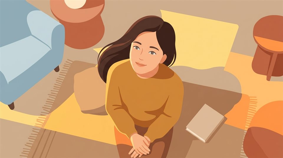 Ilustración plana minimalista de retrato de una persona ficticia con una expresión natural, vista en ángulo cenital desde arriba, luz cálida dorada, ambiente tranquilo, relación de aspecto 16:9