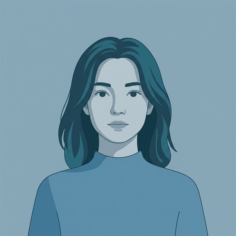 Ilustración plana minimalista de retrato de una persona ficticia con una expresión natural, sujeto centrado con una composición simple y despejada, tonos azules fríos, atmósfera serena, relación de aspecto 1:1