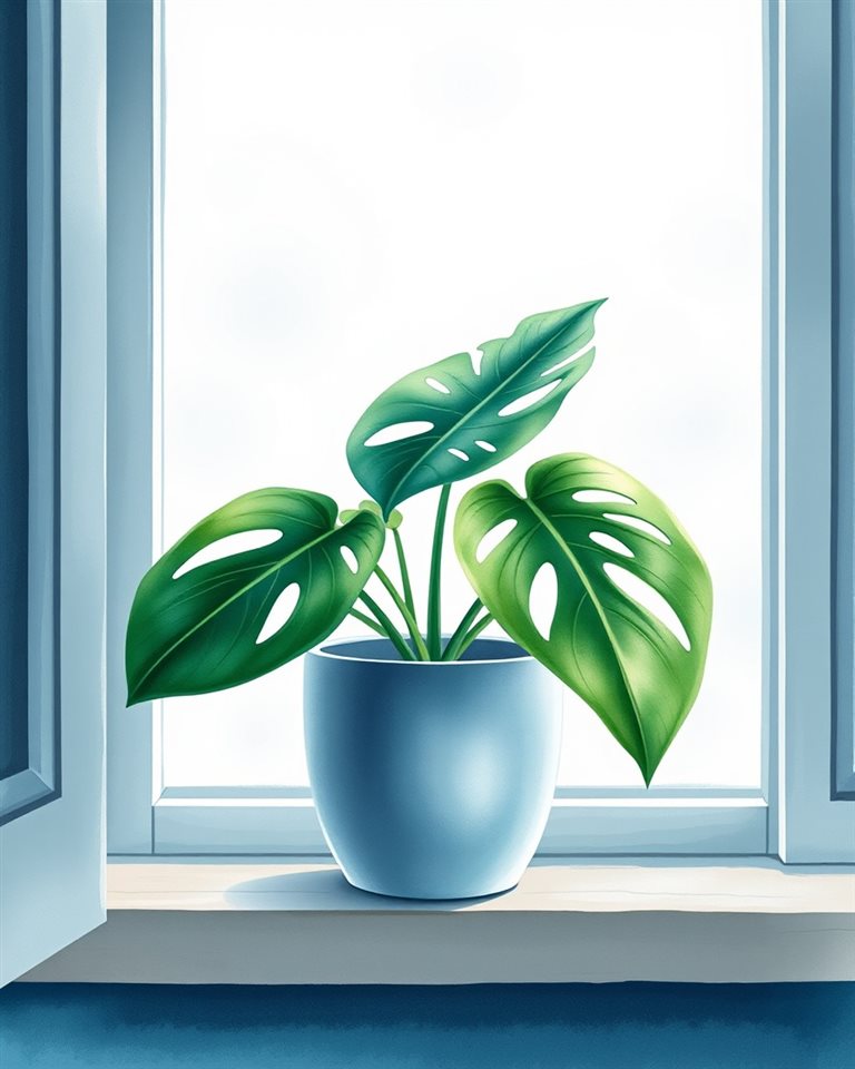 Watercolor illustration of A minimalist ceramic pot containing a lush green monstera plant sitting on a wooden windowsill., close-up detail with shallow depth of field, cool blue tones, quiet atmosphere, 4:5 aspect ratio