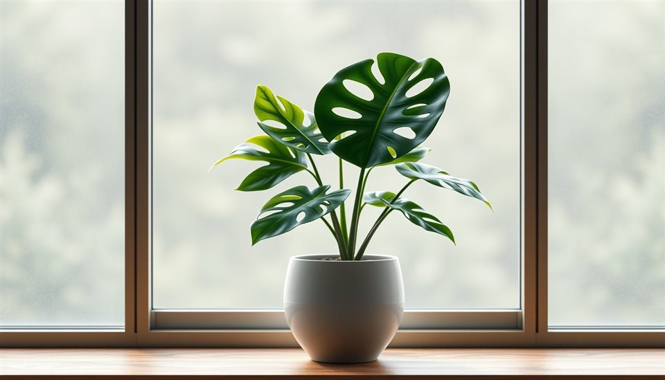 Soft 3D render of A minimalist ceramic pot containing a lush green monstera plant sitting on a wooden windowsill., wide shot with open space at the top for text, misty morning haze, dreamy, 16:9 aspect ratio