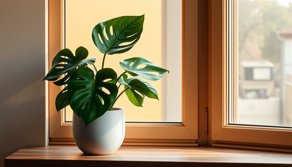 Photorealistic photo of A minimalist ceramic pot containing a lush green monstera plant sitting on a wooden windowsill., wide shot with open space at the top for text, warm golden light, calm mood, 16:9 aspect ratio