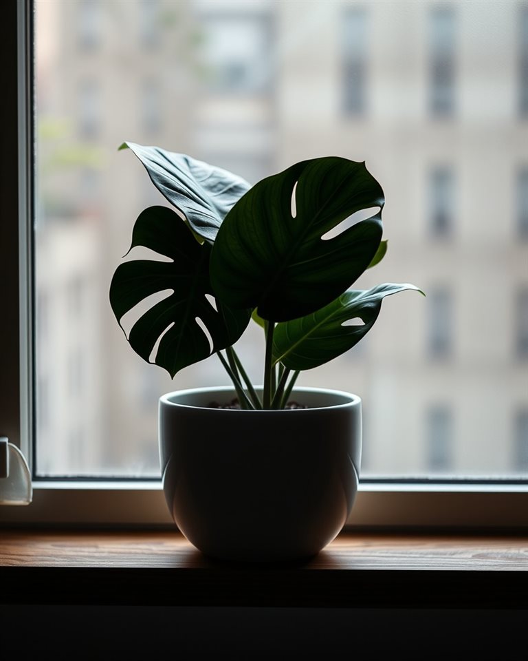 Photorealistic photo of A minimalist ceramic pot containing a lush green monstera plant sitting on a wooden windowsill., close-up detail with shallow depth of field, moody dark tones, dramatic lighting, 4:5 aspect ratio