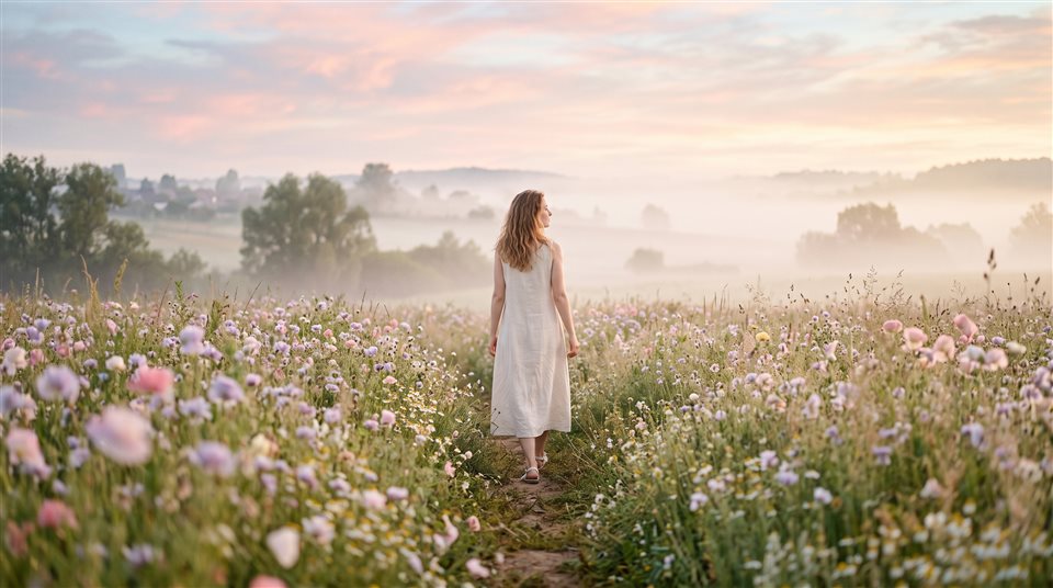 Cinematic film still of pretty soft-colored flower field under a pastel sky, centered subject with a simple uncluttered composition, misty morning haze, dreamy, 16:9 aspect ratio