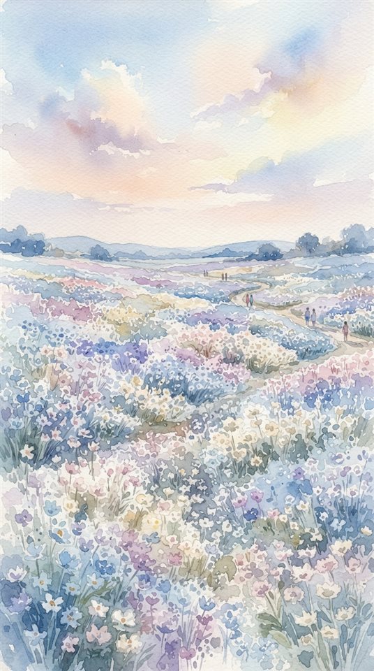 Watercolor illustration of pretty soft-colored flower field under a pastel sky, high-angle view from above, cool blue tones, quiet atmosphere, 9:16 aspect ratio