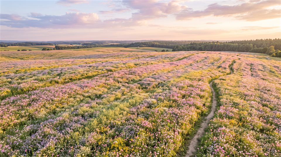 Photorealistic photo of pretty soft-colored flower field under a pastel sky, high-angle view from above, warm golden light, calm mood, 16:9 aspect ratio