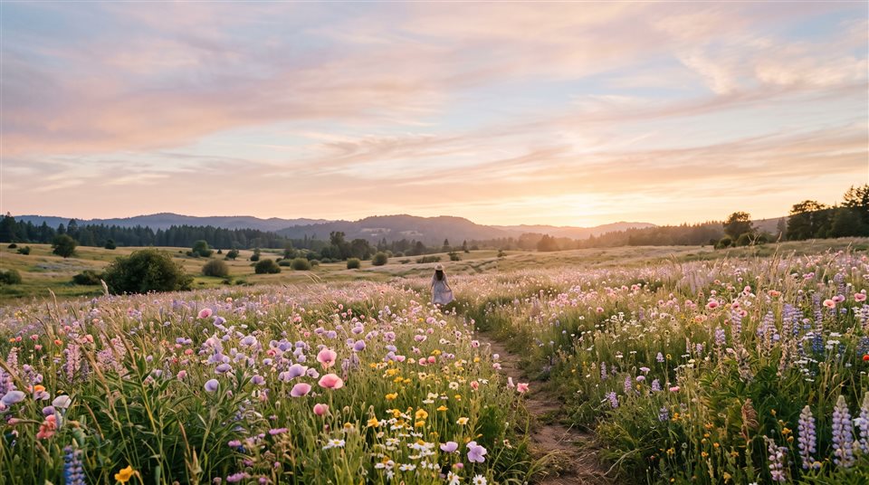 Cinematic film still of pretty soft-colored flower field under a pastel sky, wide shot with open space at the top for text, warm golden light, calm mood, 16:9 aspect ratio