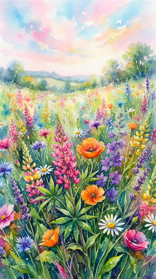 Watercolor illustration of pretty soft-colored flower field under a pastel sky, close-up detail with shallow depth of field, vivid colors, high contrast, energetic, 9:16 aspect ratio