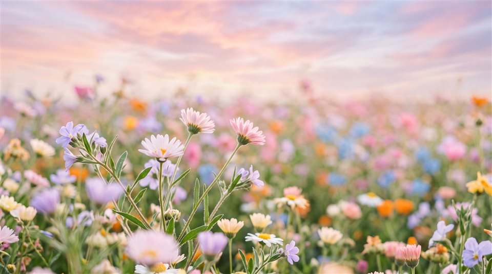 Photorealistic photo of pretty soft-colored flower field under a pastel sky, close-up detail with shallow depth of field, soft pastel colors, bright and cozy, 16:9 aspect ratio