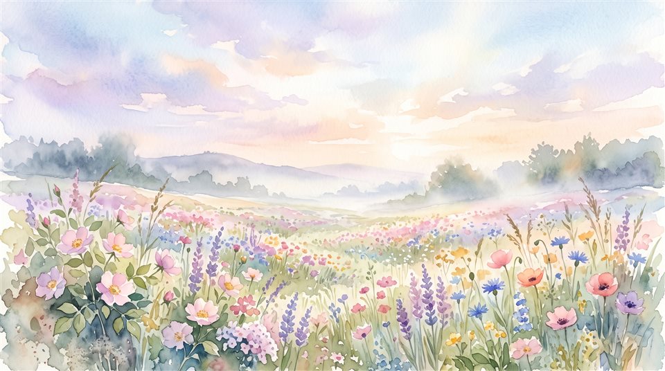 Watercolor illustration of pretty soft-colored flower field under a pastel sky, wide shot with open space at the top for text, misty morning haze, dreamy, 16:9 aspect ratio