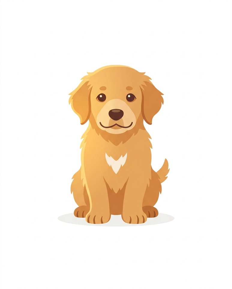 白い無地の背景に可愛い子犬を描いたフラットベクターイラスト、アイコンのようなシンプルな構図、温かみのある黄金色の光、落ち着いたムード、アスペクト比4:5