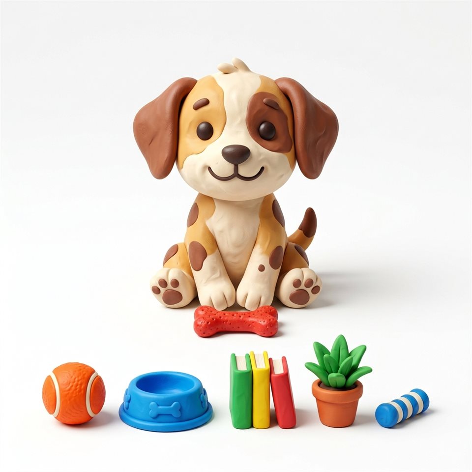Ilustración estilo arcilla 3D sobre fondo blanco liso de un cachorro lindo, pequeño conjunto de varios elementos dispuestos ordenadamente, colores vivos, alto contraste, enérgico, relación de aspecto 1:1