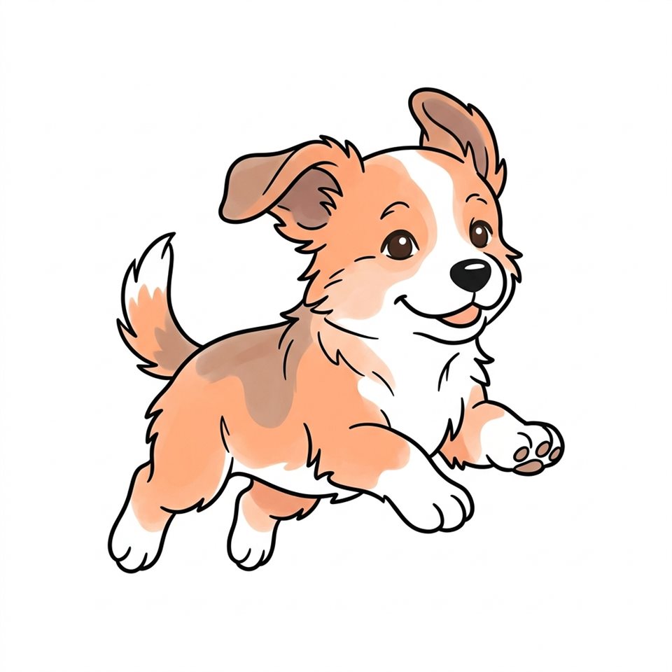 Arte de linha simples com cores suaves em um fundo branco simples de um filhote fofo, composição simples semelhante a um ícone, cores vivas, alto contraste, enérgico, proporção 1:1