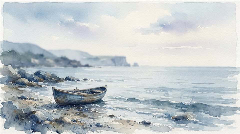 Watercolor illustration of calm minimal landscape with plenty of empty space for text, close-up detail with shallow depth of field, cool blue tones, quiet atmosphere, 16:9 aspect ratio